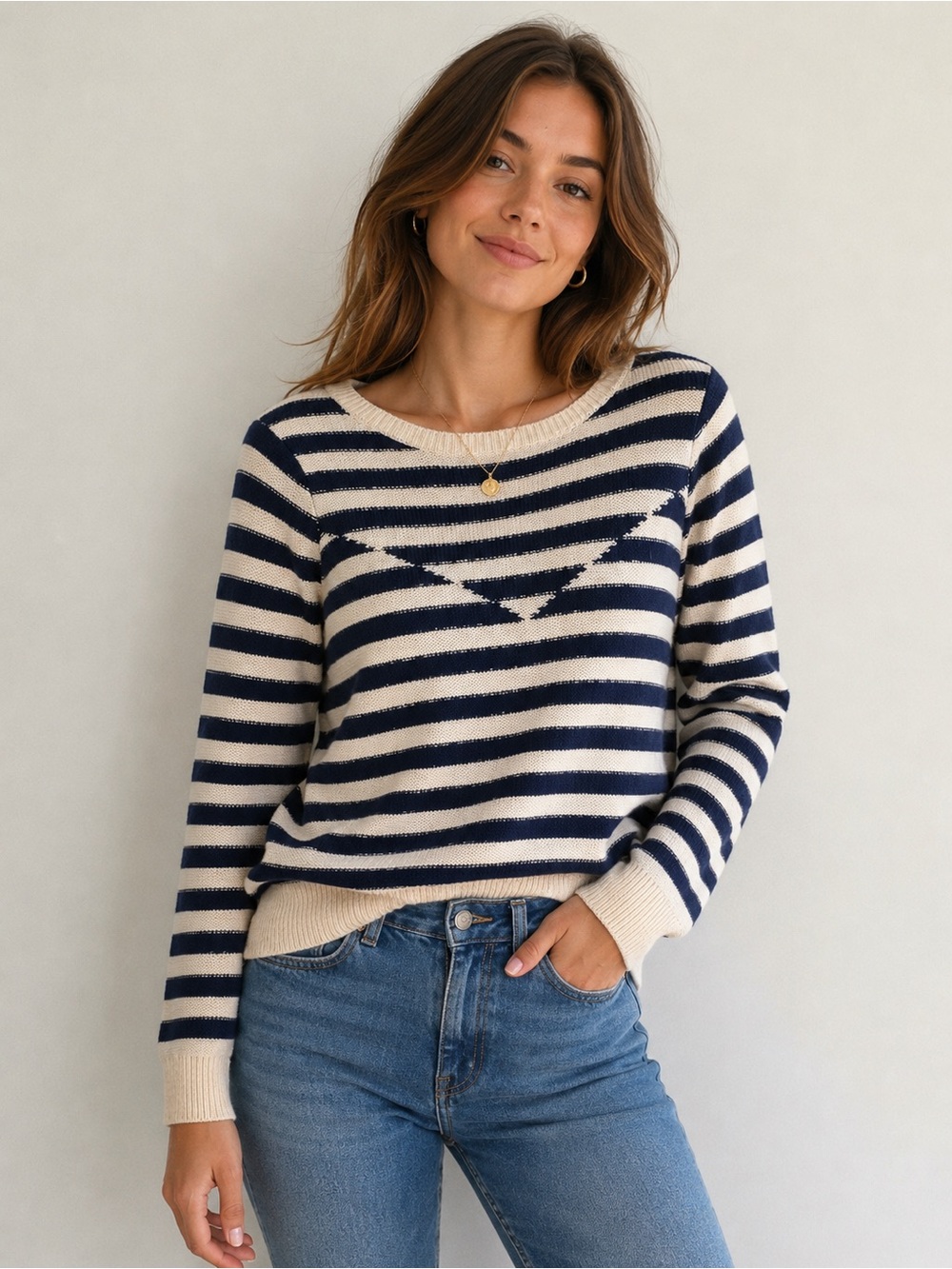 American Eagle Wool Blend Breton Stripe Sweater | Navy & Cream | Medium